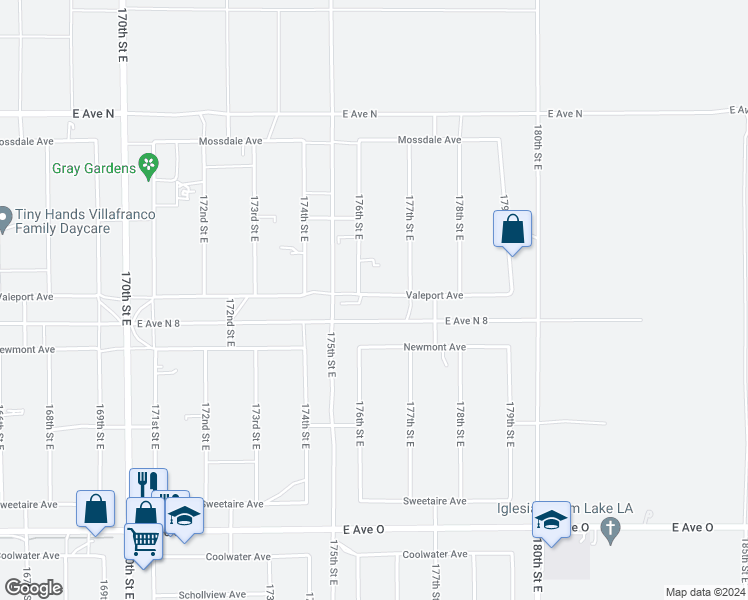map of restaurants, bars, coffee shops, grocery stores, and more near 17616 Valeport Avenue in Lancaster