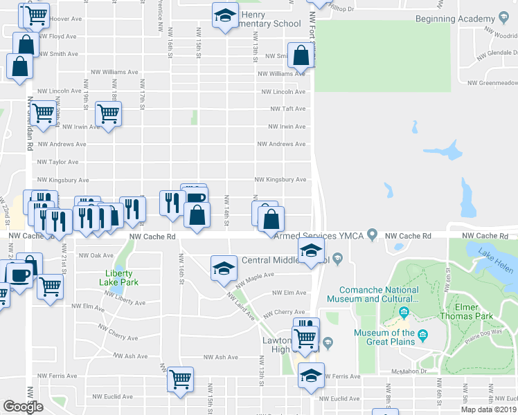 map of restaurants, bars, coffee shops, grocery stores, and more near 1503 Northwest 13th Street in Lawton