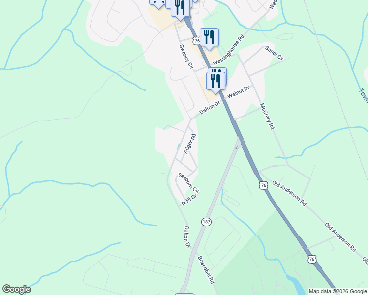 map of restaurants, bars, coffee shops, grocery stores, and more near Adger Road in Anderson County