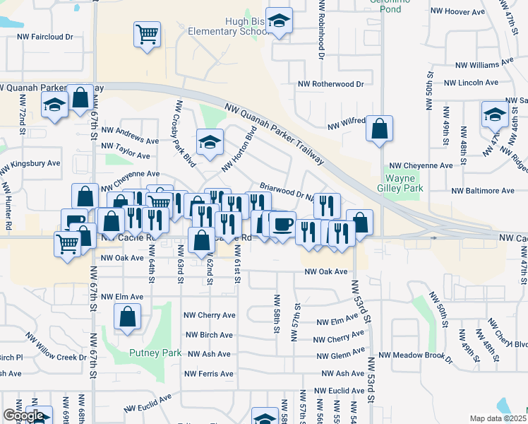 map of restaurants, bars, coffee shops, grocery stores, and more near 5628 Northwest Beechwood Drive in Lawton