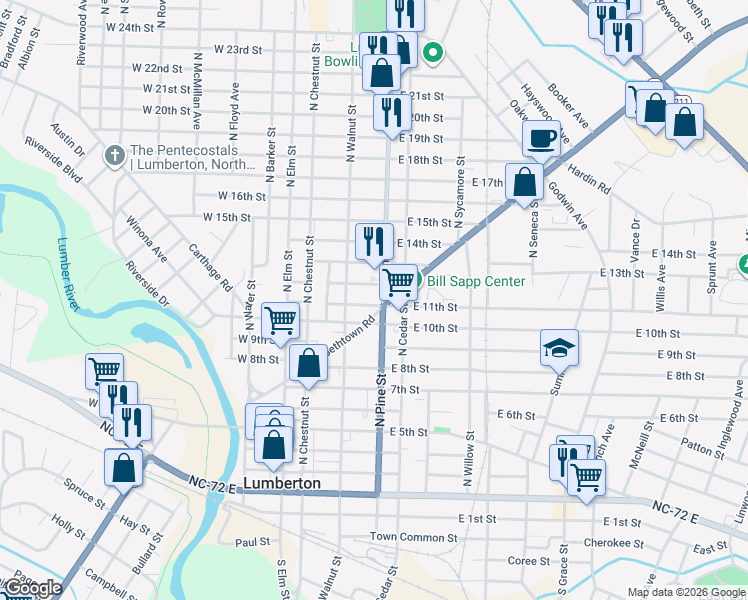 map of restaurants, bars, coffee shops, grocery stores, and more near 306 East 11th Street in Lumberton