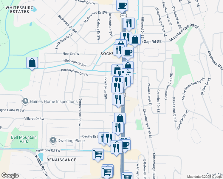 map of restaurants, bars, coffee shops, grocery stores, and more near 10322 Picadilly Lane Southwest in Huntsville