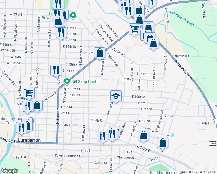 map of restaurants, bars, coffee shops, grocery stores, and more near 1103 Gough Street in Lumberton