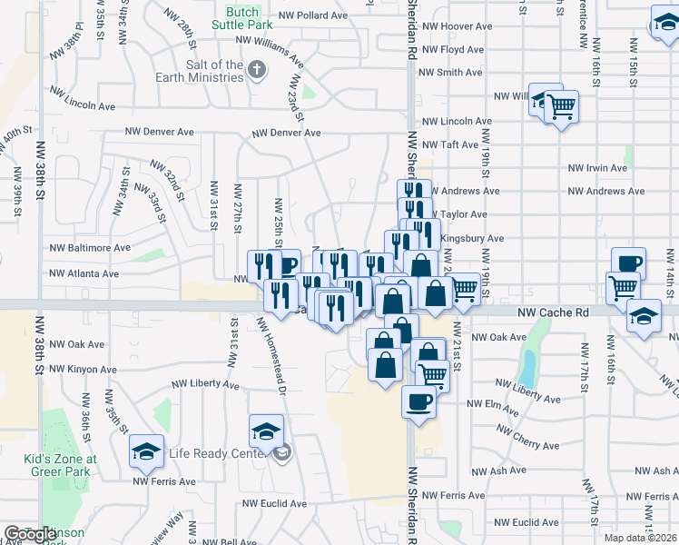 map of restaurants, bars, coffee shops, grocery stores, and more near 1414 Northwest 23rd Street in Lawton