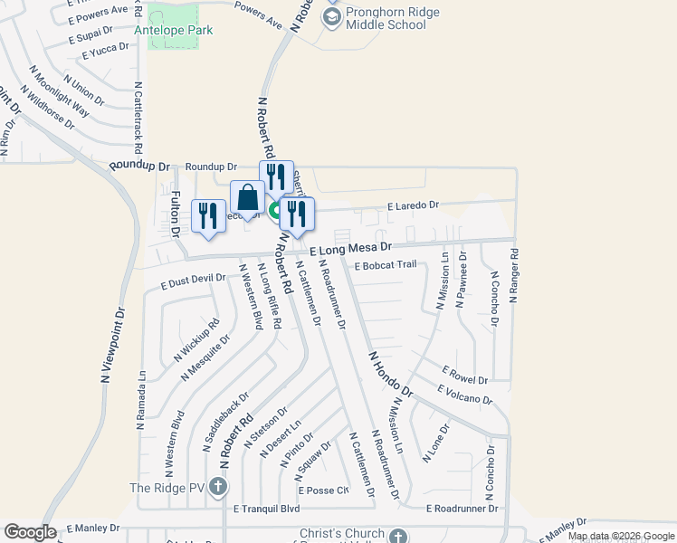map of restaurants, bars, coffee shops, grocery stores, and more near 5643 North Roadrunner Drive in Prescott Valley
