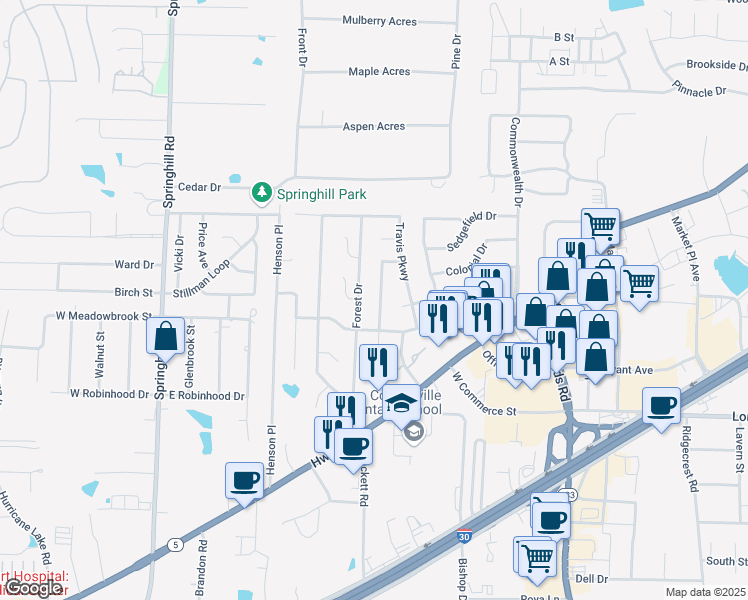 map of restaurants, bars, coffee shops, grocery stores, and more near 3207 Moonlighting Place in Bryant