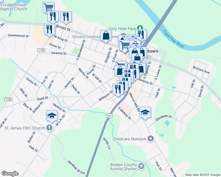 map of restaurants, bars, coffee shops, grocery stores, and more near in Clarkton