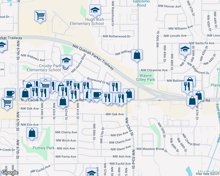 map of restaurants, bars, coffee shops, grocery stores, and more near 5402 Briarwood Drive Northwest in Lawton