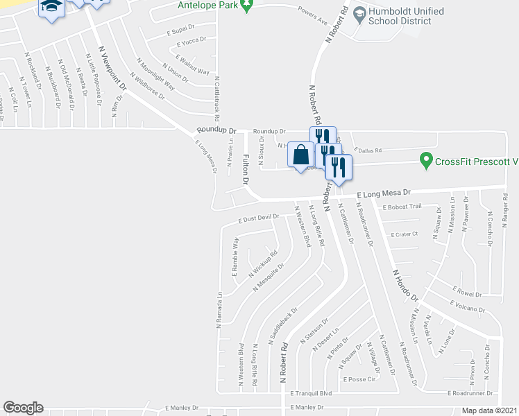 map of restaurants, bars, coffee shops, grocery stores, and more near 8160 East Dust Devil Drive in Prescott Valley