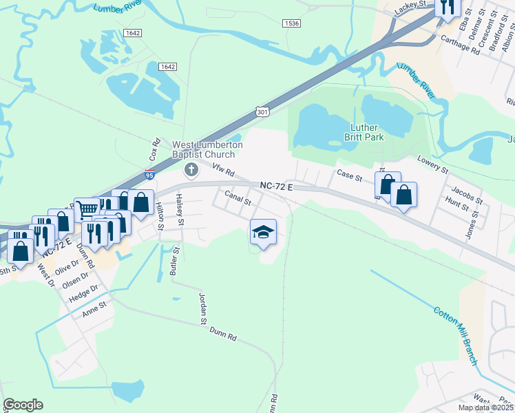 map of restaurants, bars, coffee shops, grocery stores, and more near School Street in Lumberton