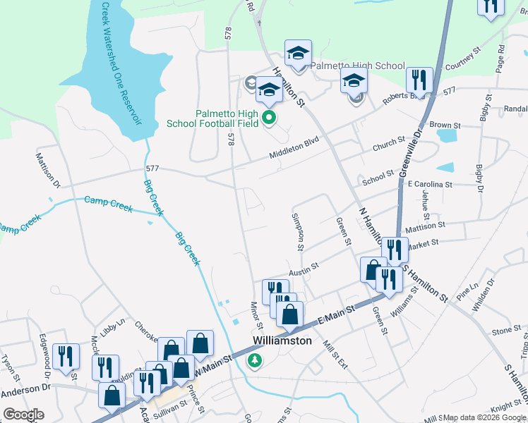 map of restaurants, bars, coffee shops, grocery stores, and more near 430 Minor Street in Williamston