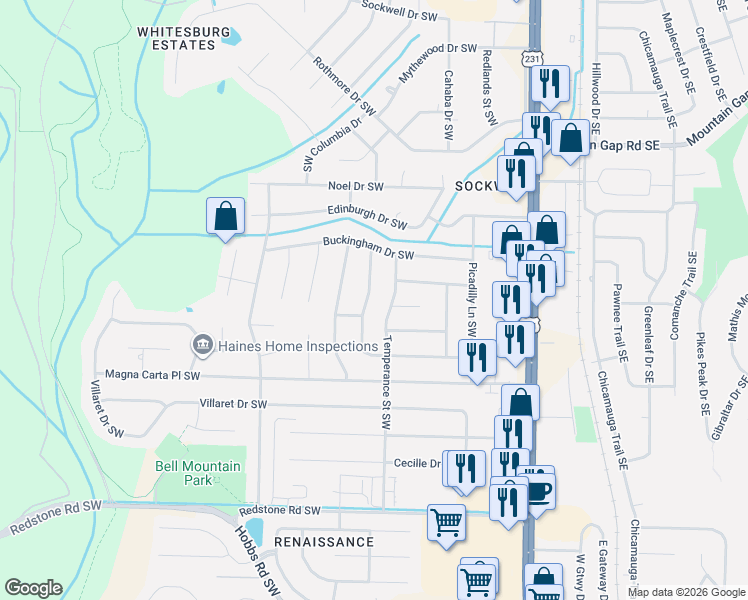 map of restaurants, bars, coffee shops, grocery stores, and more near 2301 Britain Avenue Southwest in Huntsville