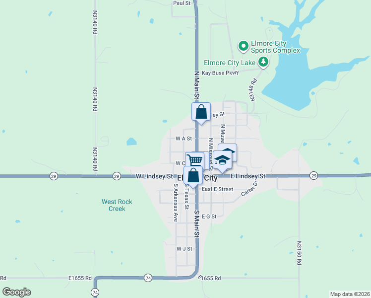 map of restaurants, bars, coffee shops, grocery stores, and more near 207 North Texas Street in Elmore City