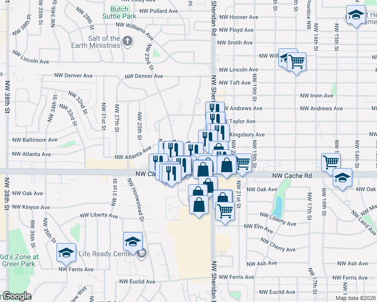 map of restaurants, bars, coffee shops, grocery stores, and more near 1414 Northwest 22nd Street in Lawton