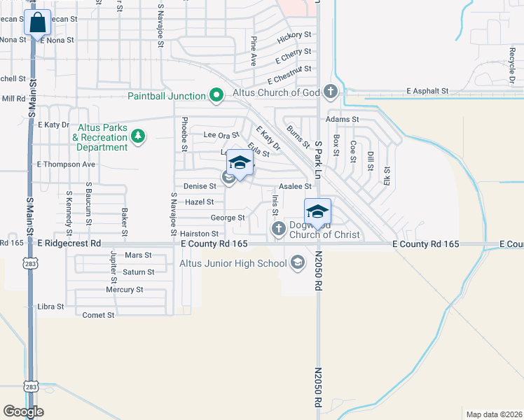 map of restaurants, bars, coffee shops, grocery stores, and more near 1313 Inis Street in Altus