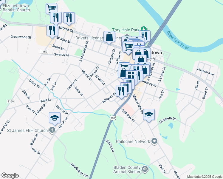 map of restaurants, bars, coffee shops, grocery stores, and more near in Bladenboro