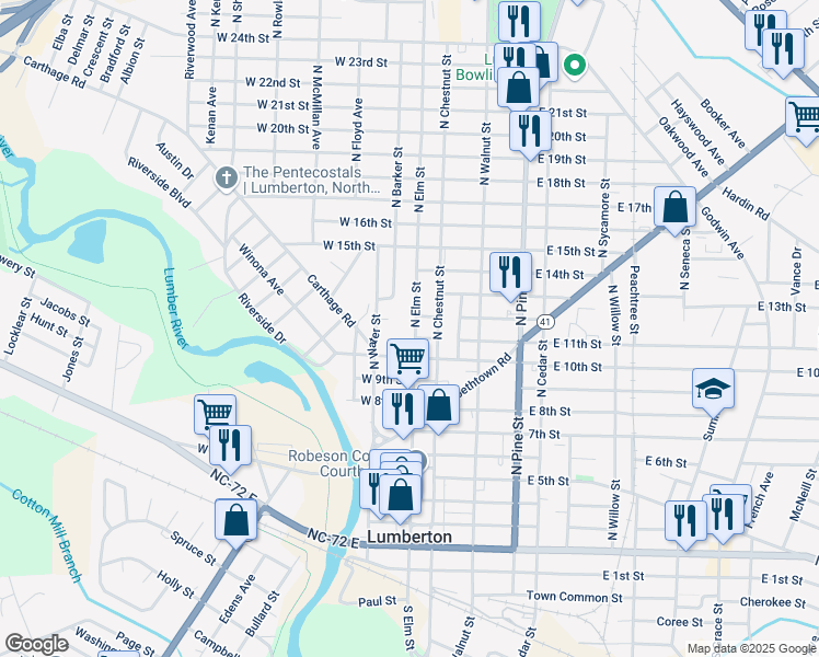 map of restaurants, bars, coffee shops, grocery stores, and more near 1103 North Elm Street in Lumberton
