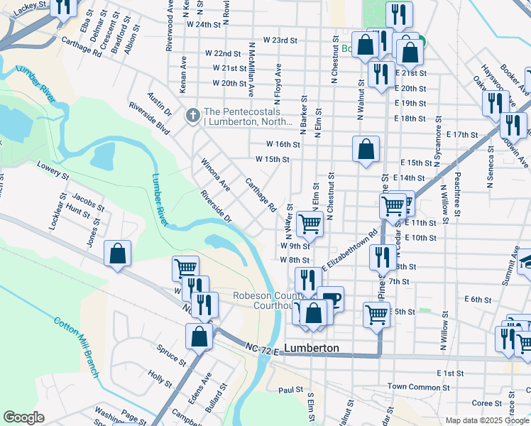 map of restaurants, bars, coffee shops, grocery stores, and more near 203 Carthage Road in Lumberton