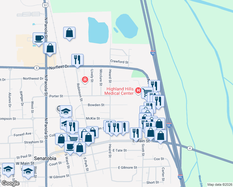 map of restaurants, bars, coffee shops, grocery stores, and more near 303 N Heard St in Senatobia