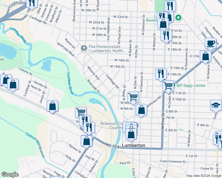 map of restaurants, bars, coffee shops, grocery stores, and more near 401 Winona Avenue in Lumberton