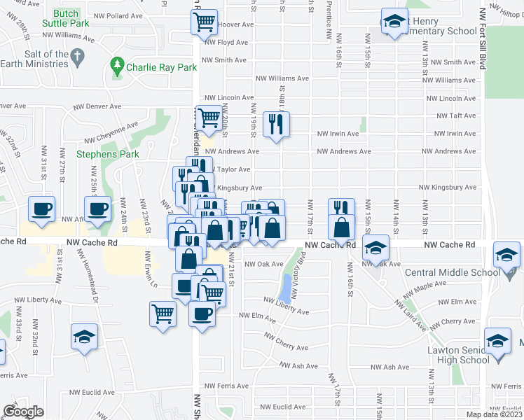 map of restaurants, bars, coffee shops, grocery stores, and more near 1814 Northwest Baldwin Avenue in Lawton