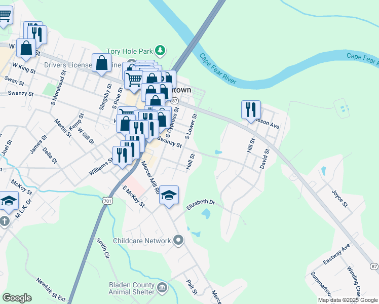 map of restaurants, bars, coffee shops, grocery stores, and more near 400 Hall Street in Elizabethtown