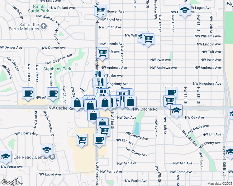 map of restaurants, bars, coffee shops, grocery stores, and more near 1907 Northwest Lawton Avenue in Lawton