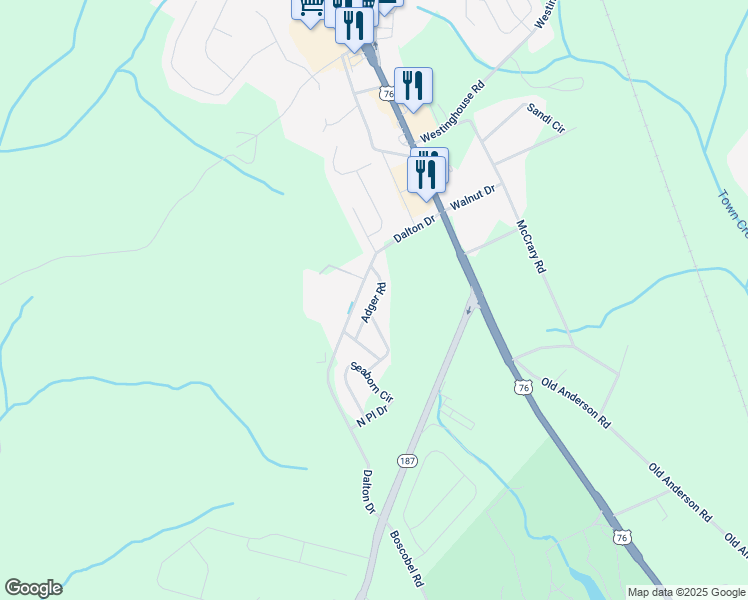 map of restaurants, bars, coffee shops, grocery stores, and more near Adger Road in Anderson County