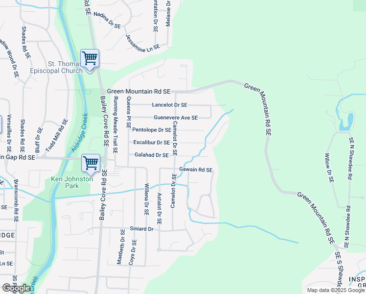 map of restaurants, bars, coffee shops, grocery stores, and more near 2602 Excalibur Drive Southeast in Huntsville
