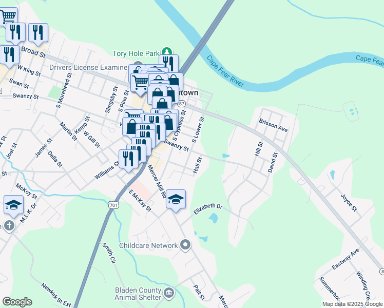 map of restaurants, bars, coffee shops, grocery stores, and more near 401 South Lower Street in Elizabethtown