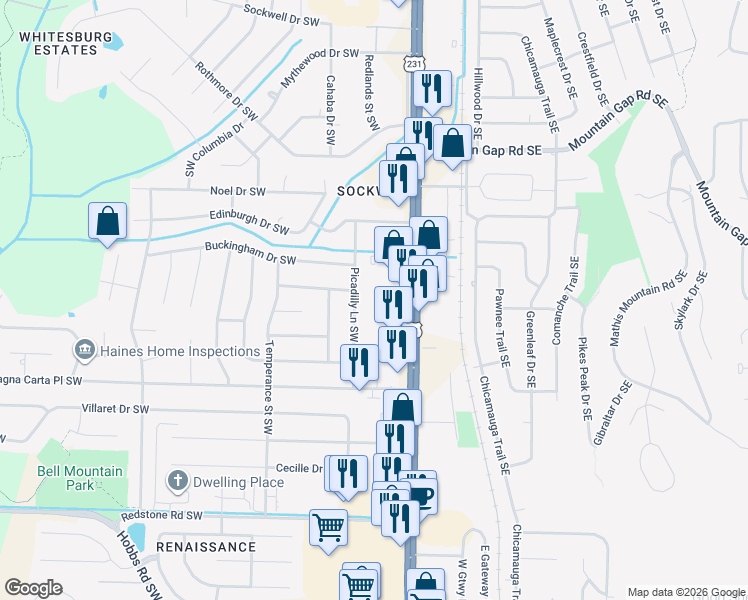 map of restaurants, bars, coffee shops, grocery stores, and more near 10322 Picadilly Lane Southwest in Huntsville