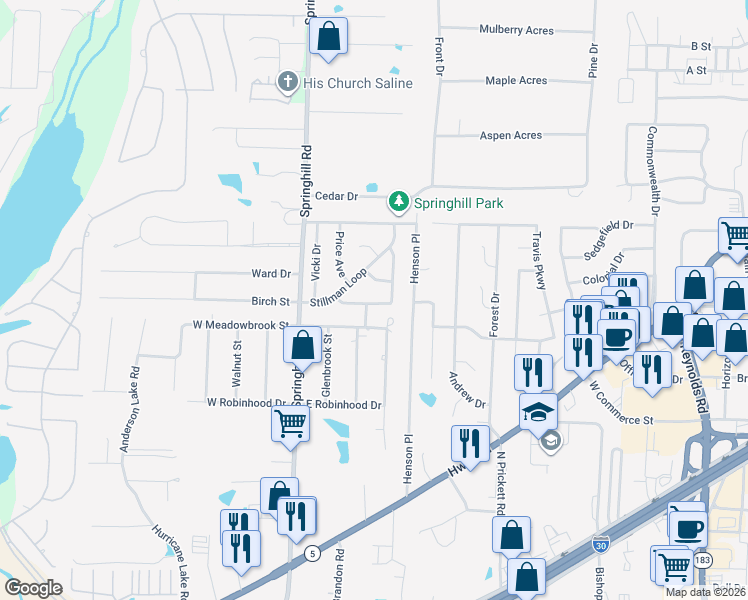 map of restaurants, bars, coffee shops, grocery stores, and more near 2212 East Meadowbrook Street in Bryant