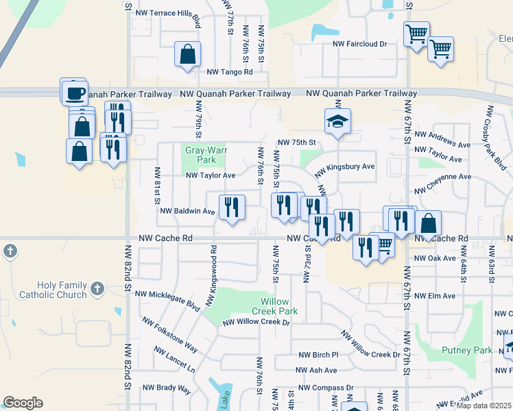 map of restaurants, bars, coffee shops, grocery stores, and more near Northwest Baldwin Avenue in Lawton