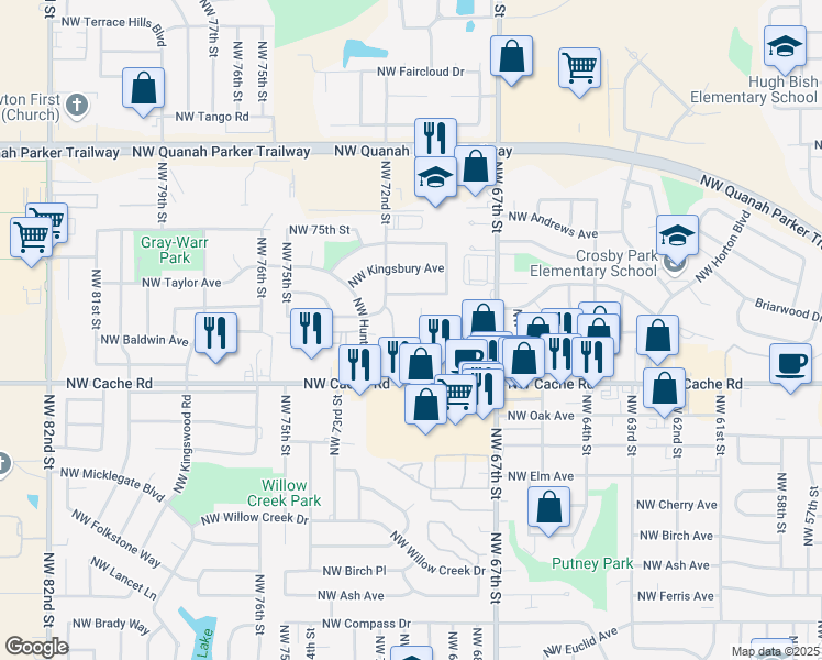 map of restaurants, bars, coffee shops, grocery stores, and more near 6778-7298 Northwest Atlanta Avenue in Lawton