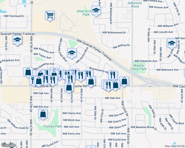 map of restaurants, bars, coffee shops, grocery stores, and more near 5617 Northwest Beechwood Drive in Lawton