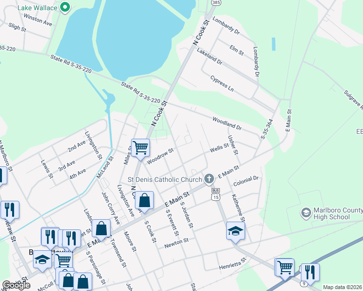 map of restaurants, bars, coffee shops, grocery stores, and more near 907 Wells Street in Bennettsville