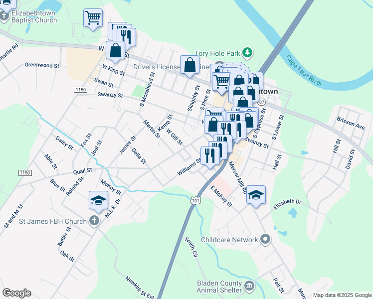 map of restaurants, bars, coffee shops, grocery stores, and more near 507 Martin Luther King Drive in Elizabethtown