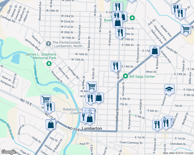 map of restaurants, bars, coffee shops, grocery stores, and more near 1006 North Elm Street in Lumberton