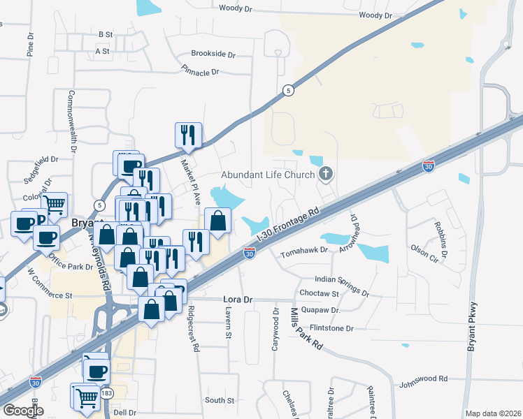map of restaurants, bars, coffee shops, grocery stores, and more near 23620 Interstate 30 in Bryant