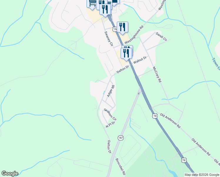 map of restaurants, bars, coffee shops, grocery stores, and more near Adger Road in Anderson County