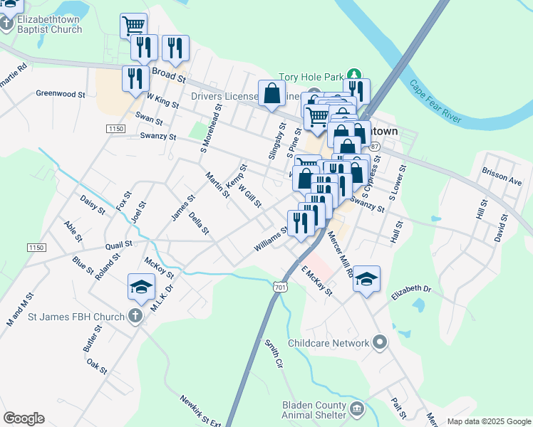 map of restaurants, bars, coffee shops, grocery stores, and more near 507 Martin Luther King Drive in Elizabethtown