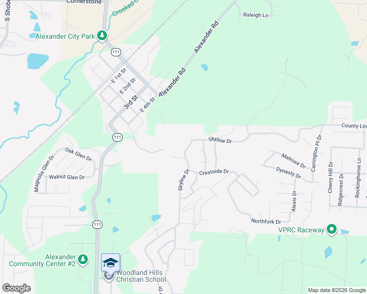 map of restaurants, bars, coffee shops, grocery stores, and more near 1066 Skyline Drive in Alexander