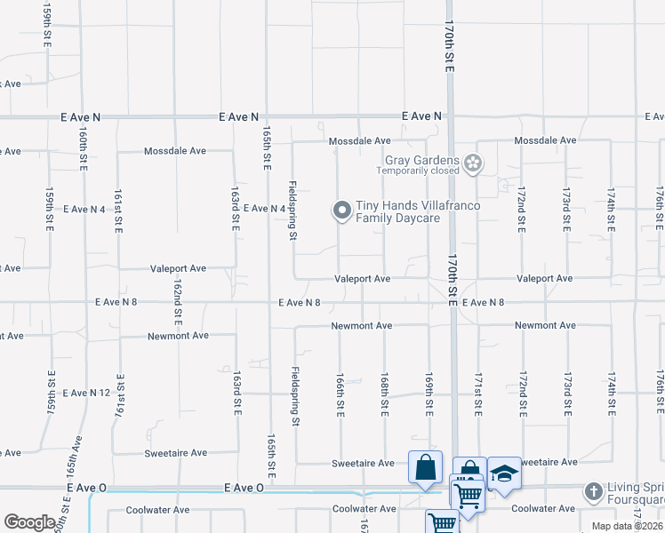 map of restaurants, bars, coffee shops, grocery stores, and more near 40915 166th Street East in Lancaster