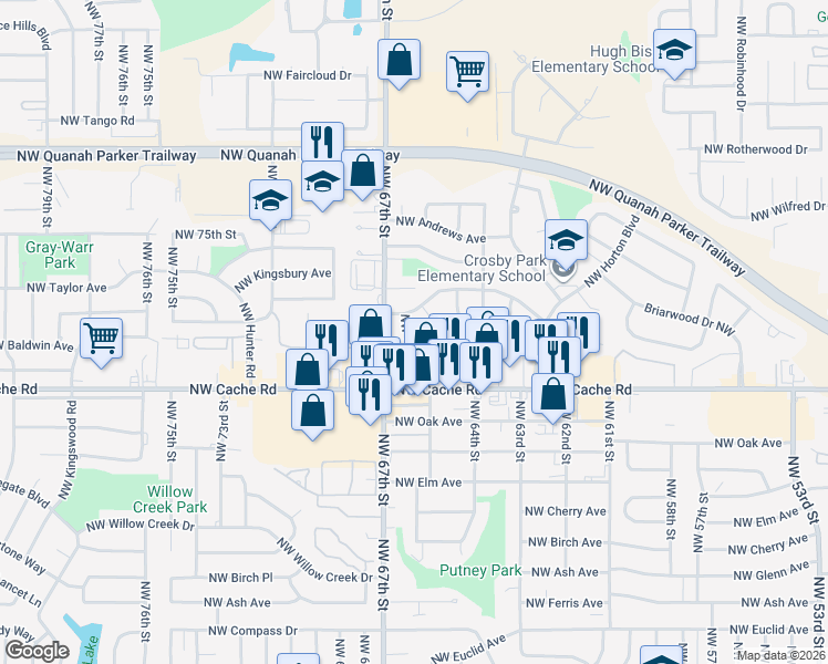 map of restaurants, bars, coffee shops, grocery stores, and more near 6425 Northwest Arrowhead Drive in Lawton
