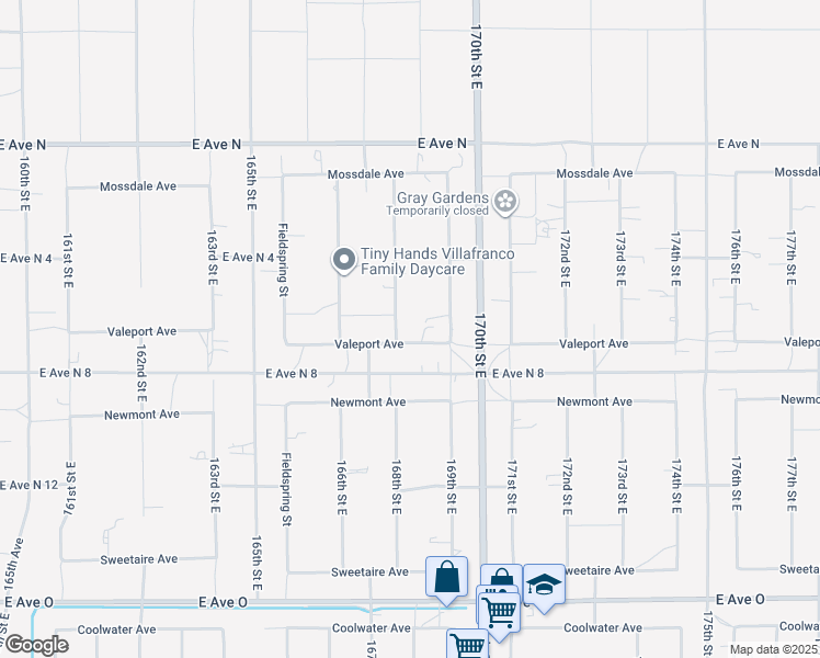 map of restaurants, bars, coffee shops, grocery stores, and more near 40912 168th Street East in Lancaster