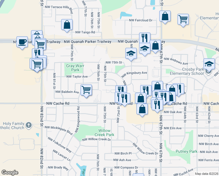 map of restaurants, bars, coffee shops, grocery stores, and more near 7222 Northwest Lawton Avenue in Lawton