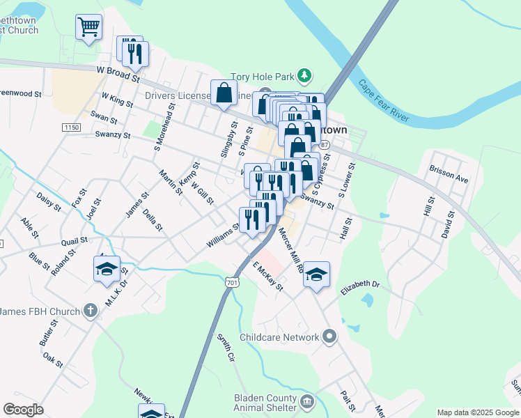 map of restaurants, bars, coffee shops, grocery stores, and more near Mill Street in Elizabethtown