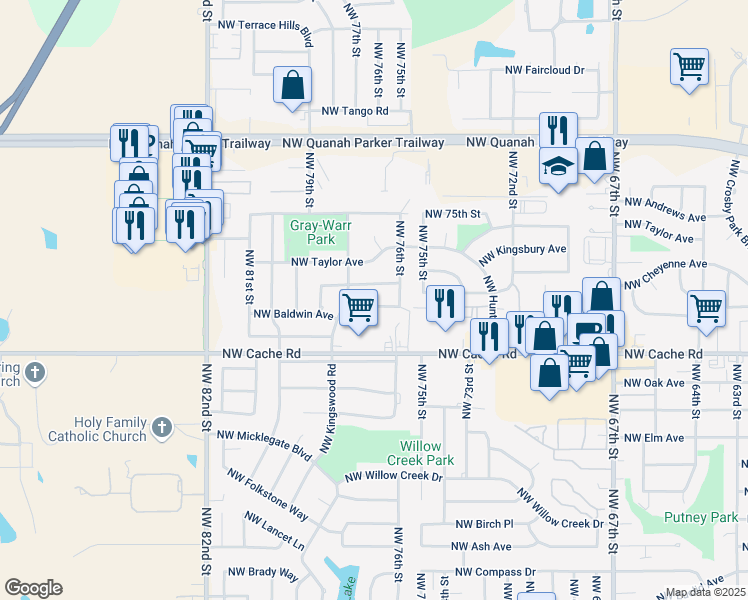 map of restaurants, bars, coffee shops, grocery stores, and more near 7611 Northwest Kingsbury Avenue in Lawton
