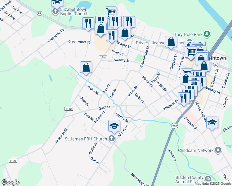 map of restaurants, bars, coffee shops, grocery stores, and more near 909 Joel Street in Elizabethtown