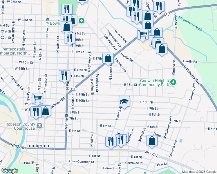map of restaurants, bars, coffee shops, grocery stores, and more near 1265 North Seneca Street in Lumberton